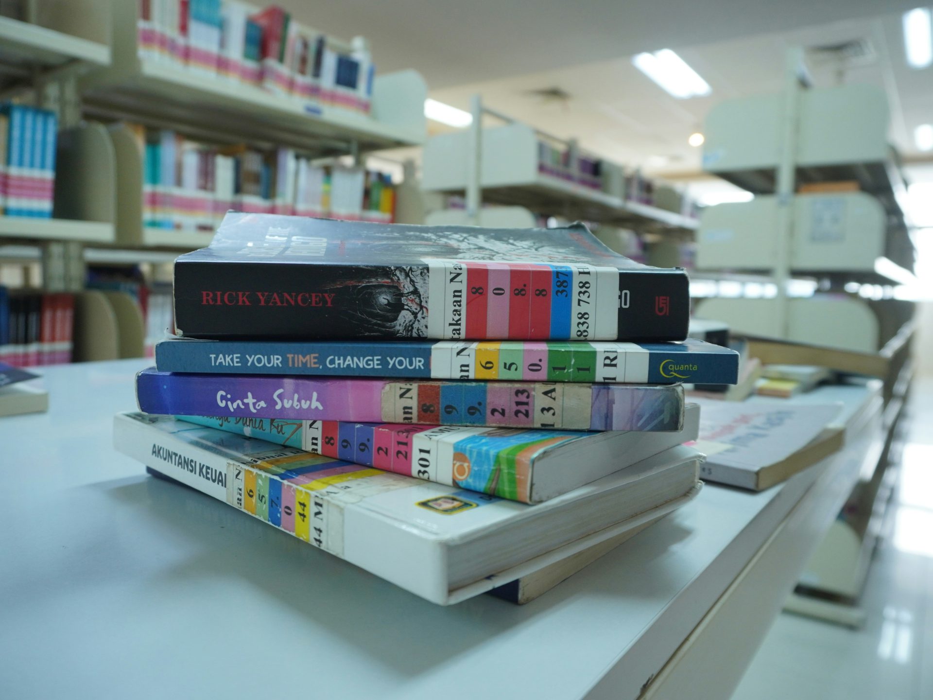 A stack of books sitting on top of a table